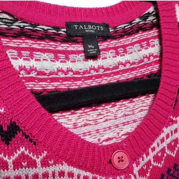 Talbots Fair Isle Lambswool Blend Cardigan Sweater Women Sz MP Pink Button Front - Picture 9 of 9